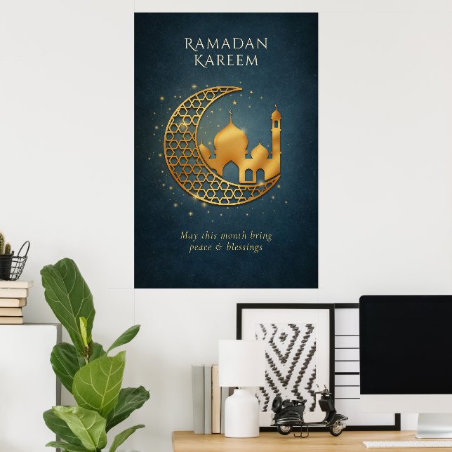 Elegant Navy Gold Islamic Crescent Mosque Ramadan Poster (Home Office)