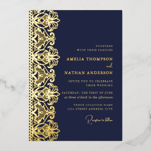 Elegant Navy Gold Lace Wedding  Foil Invitation