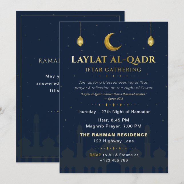 Elegant Navy & Gold Laylat al-Qadr Iftar Gathering Invitation (Front/Back)
