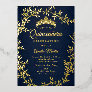 Elegant Navy Gold Leaf Wreath Quinceanera Foil Invitation
