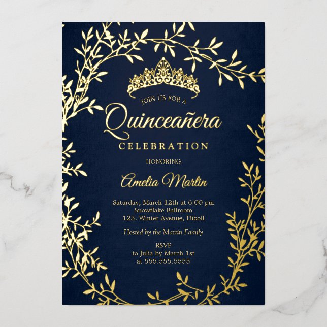 Elegant Navy Gold Leaf Wreath Quinceanera Foil Invitation (Front)