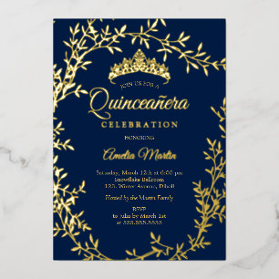 Elegant Navy Gold Leaf Wreath Quinceanera Foil Invitation