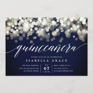 Elegant Navy & Gold Lights Quinceanera Invitation