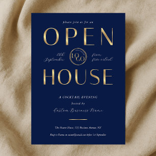 Elegant Navy & Gold Logo Business Open House Invitation