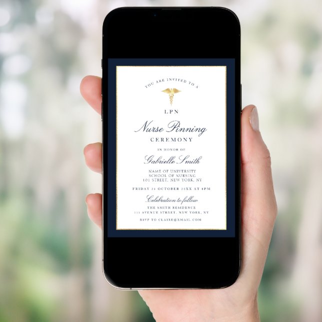 Elegant navy & gold LPN nurse pinning ceremony Invitation (Front Digital)
