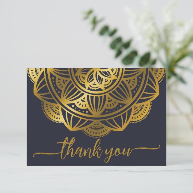 Elegant Navy Gold Mandala Thank you Card (Standing Front)