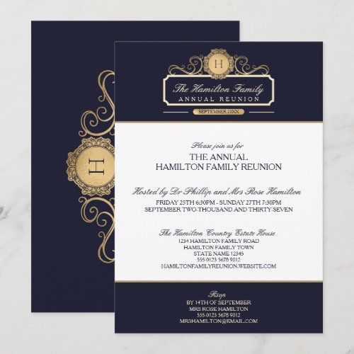 Elegant Navy Gold Monogram Annual Family Reunion