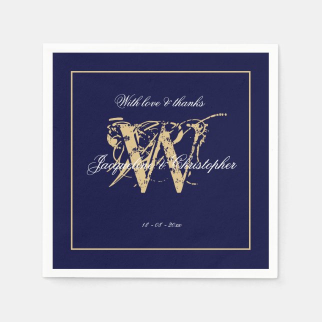 Elegant Navy & Gold Monogram Classic Wedding Paper Napkins (Front)
