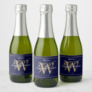 Elegant Navy Gold Monogram Names Chic Wedding Mini Sparkling Wine Label