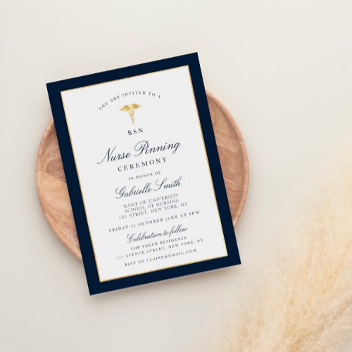 Elegant navy  gold nurse pinning ceremony invitation