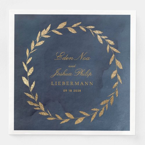 Elegant Navy  Gold Olive Branch Wreath Wedding Paper Dinner Napkins