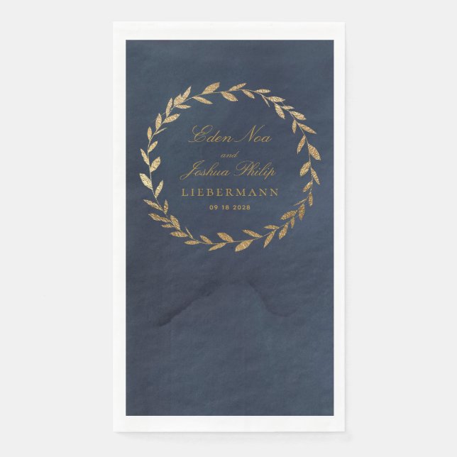 Elegant Navy & Gold Olive Branch Wreath Wedding Paper Guest Towels (Front)