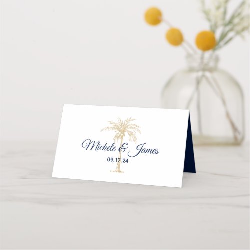 Elegant Navy Gold Palm Tree Modern Wedding Place Card