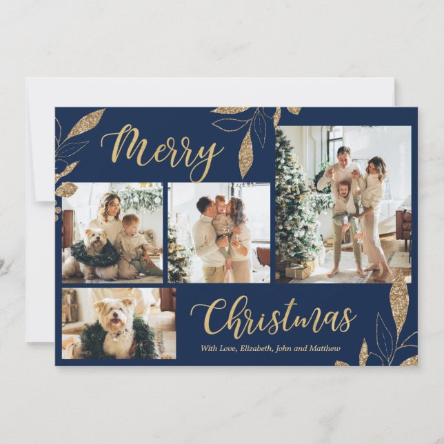Elegant Navy Gold Photo Collage Christmas Card (Front)