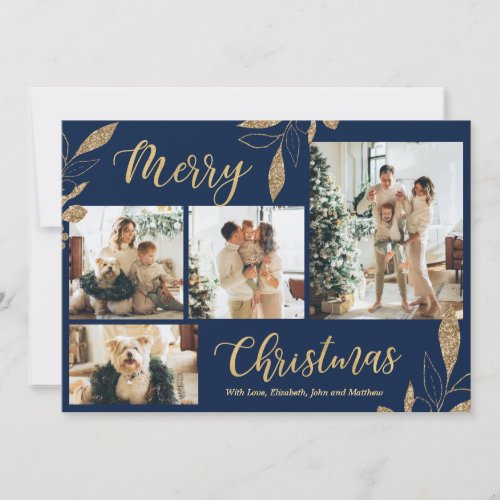 Elegant Navy Gold Photo Collage Christmas Card