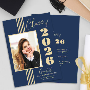 Elegant Navy Gold Photo Frame 2026 Graduation Announcement
