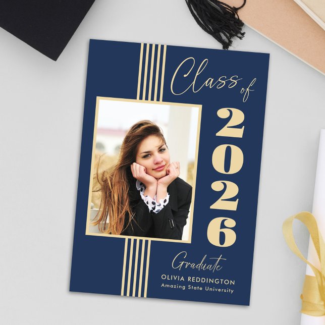 Elegant Navy Gold Photo Frame 2026 Graduation Announcement (Creator Uploaded)