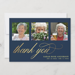 Elegant Navy & Gold Photo Funeral Thank You Card