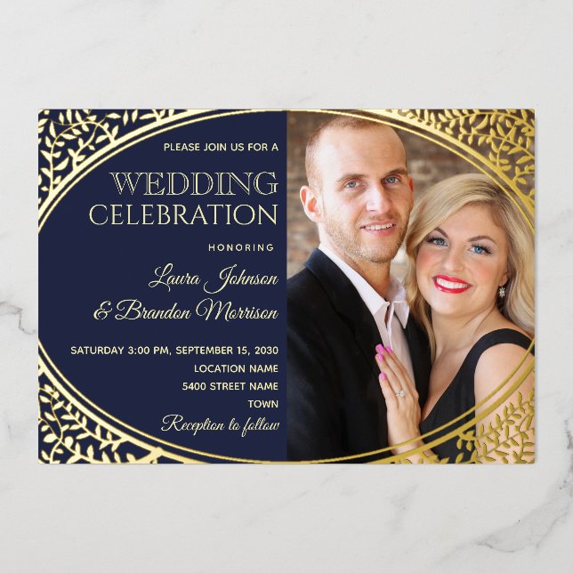 Elegant Navy Gold Photo Wedding Foil Invitation (Front)