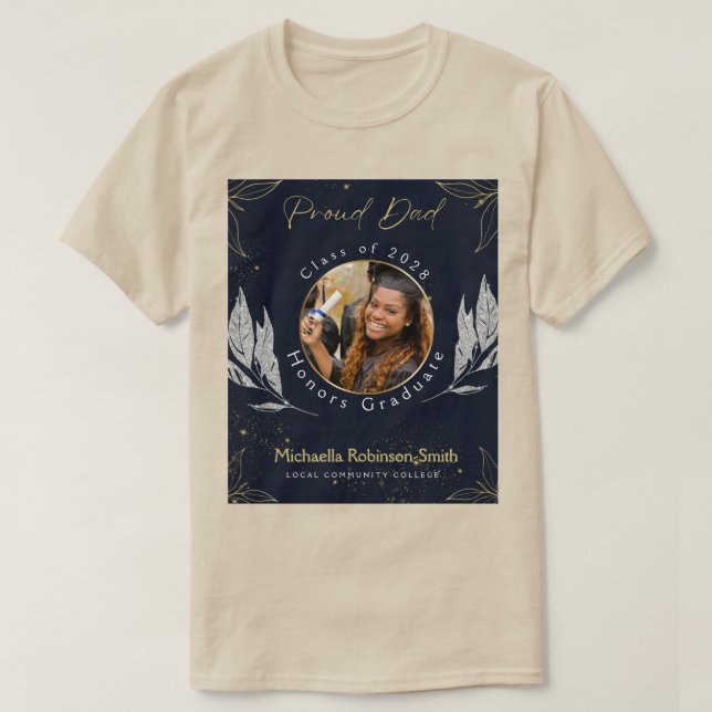 Elegant Navy Gold Proud Dad Graduation T-Shirt (Design Front)