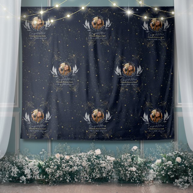 Elegant Navy Gold Red Carpet Step and Repeat Grad Tapestry (Creator Uploaded)