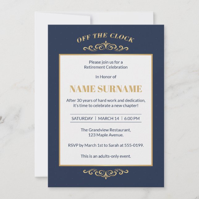 Elegant Navy Gold Retirement Invitation (Front)