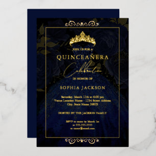 Elegant Navy Gold Rose Dress Quinceanera  Foil Invitation