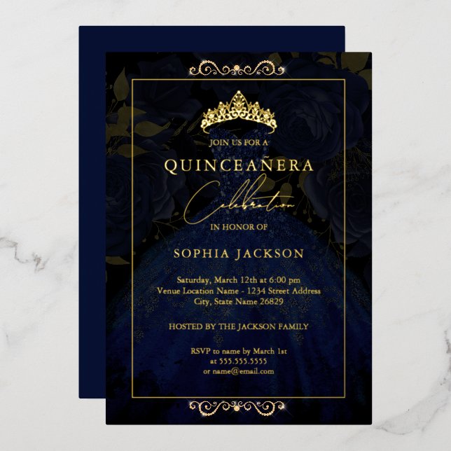 Elegant Navy Gold Rose Dress Quinceanera  Foil Invitation (Front/Back)