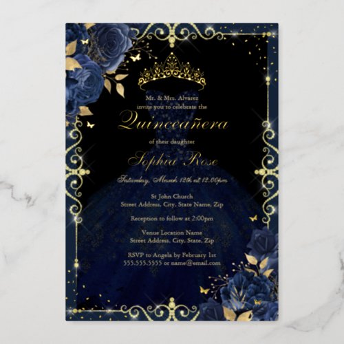 Elegant Navy Gold Rose Dress Quinceanera  Foil Invitation