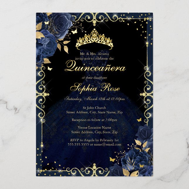Elegant Navy Gold Rose Dress Quinceanera  Foil Invitation (Front)