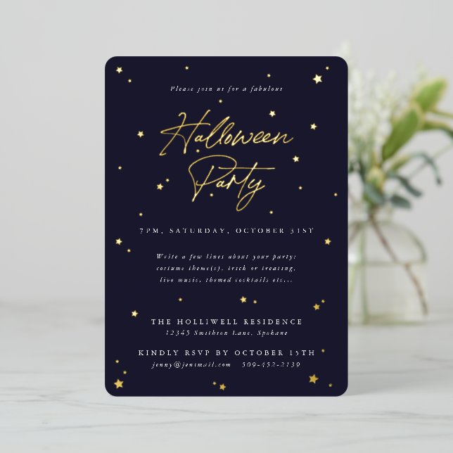 Elegant Navy+Gold Scattered Stars Halloween Party Foil Invitation (Standing Front)