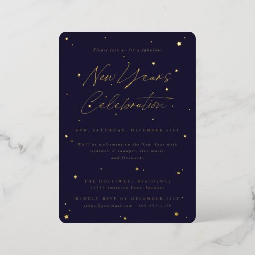 Elegant NavyGold Scattered Stars New Years Party Foil Invitation