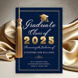 Elegant Navy Gold Script Class of 2025 Graduate Announcement
