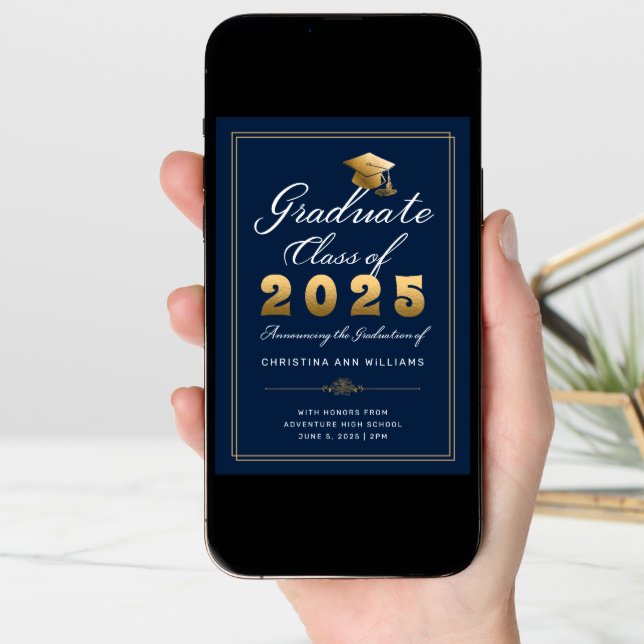 Elegant Navy Gold Script Class of 2025 Graduate Announcement (Front Digital)