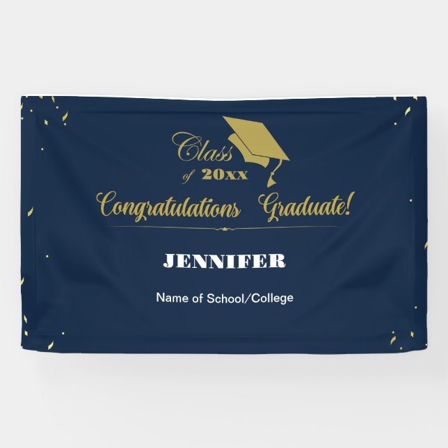 Elegant Navy Gold Script Congrats Graduation 2025 Banner (Horizontal)