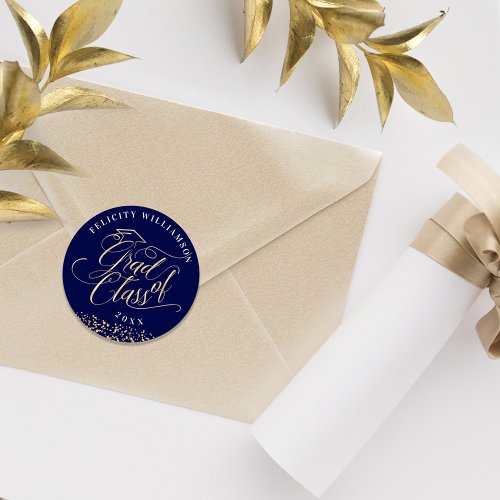 Elegant Navy  Gold Script Graduation Confetti Classic Round Sticker