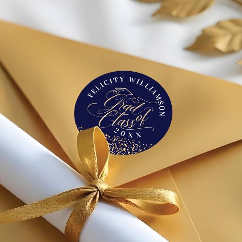 Elegant Navy  Gold Script Graduation Confetti Classic Round Sticker