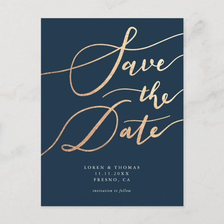 Elegant Navy Gold Script Save the Date Announcement Postcard | Zazzle