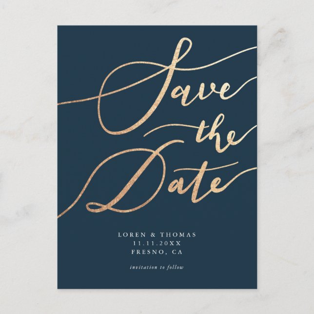 Elegant Navy Gold Script Save the Date Announcement Postcard (Front)