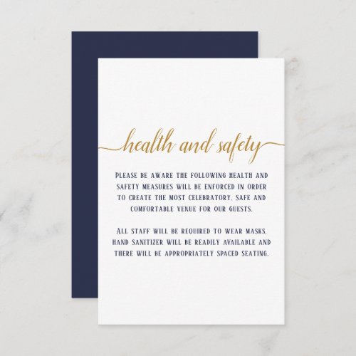 Elegant Navy Gold Script Wedding Health Safety Enclosure Card