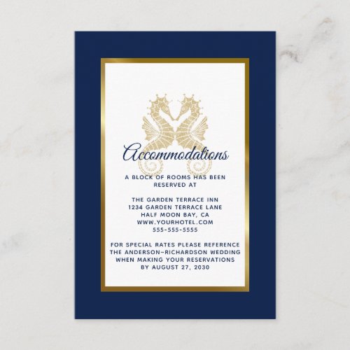 Elegant Navy Gold Seahorses Wedding Accommodations Enclosure Card