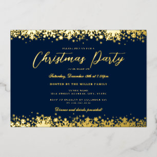 Elegant Navy Gold Snowflake Christmas Party Foil Invitation