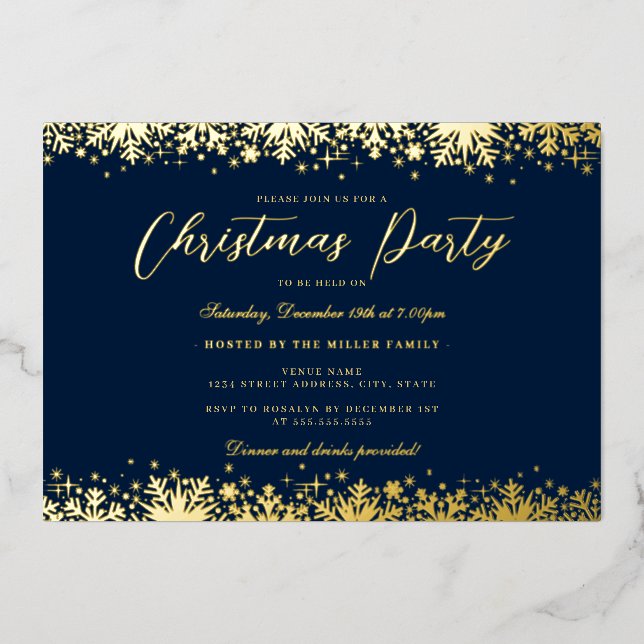 Elegant Navy Gold Snowflake Christmas Party Foil Invitation (Front)