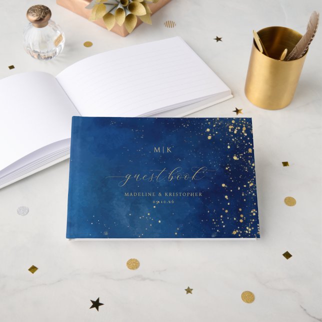 Elegant Navy Gold Speckles Guest Book (Front Open)