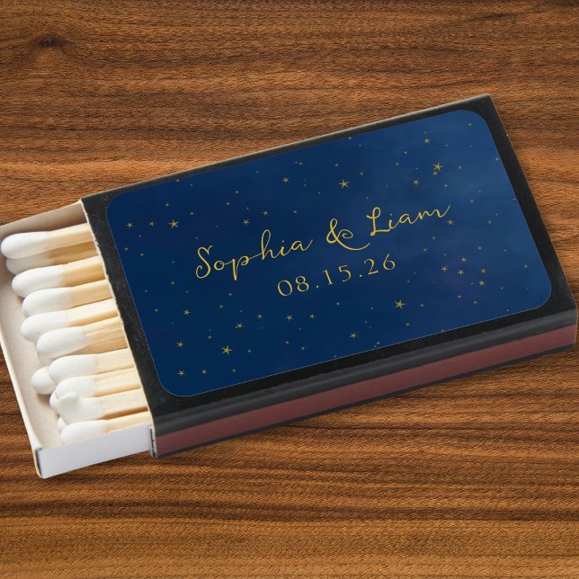 Elegant Navy & Gold Stars Celestial Wedding Custom Matchboxes (Creator Uploaded)