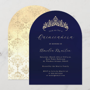 Elegant Navy Gold Tiara Quinceanera Invitation