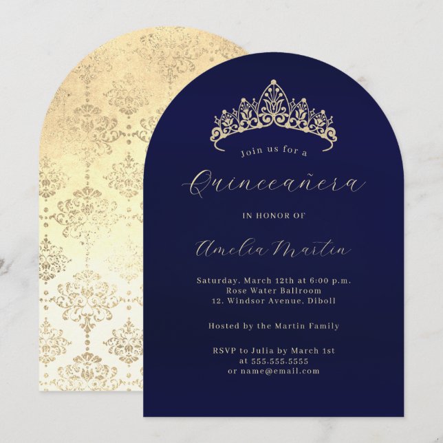 Elegant Navy Gold Tiara Quinceanera  Invitation (Front/Back)