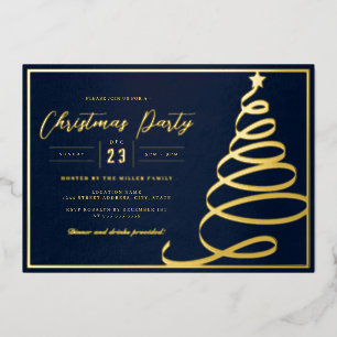 Elegant Navy Gold Tree Christmas Party Foil Invitation