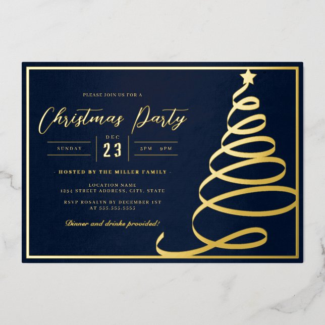 Elegant Navy Gold Tree Christmas Party Foil Invitation (Front)