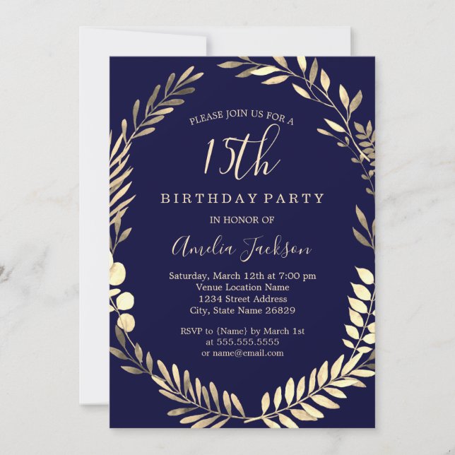 Elegant Navy Gold Watercolor 15th Birthday Invitation (Front)